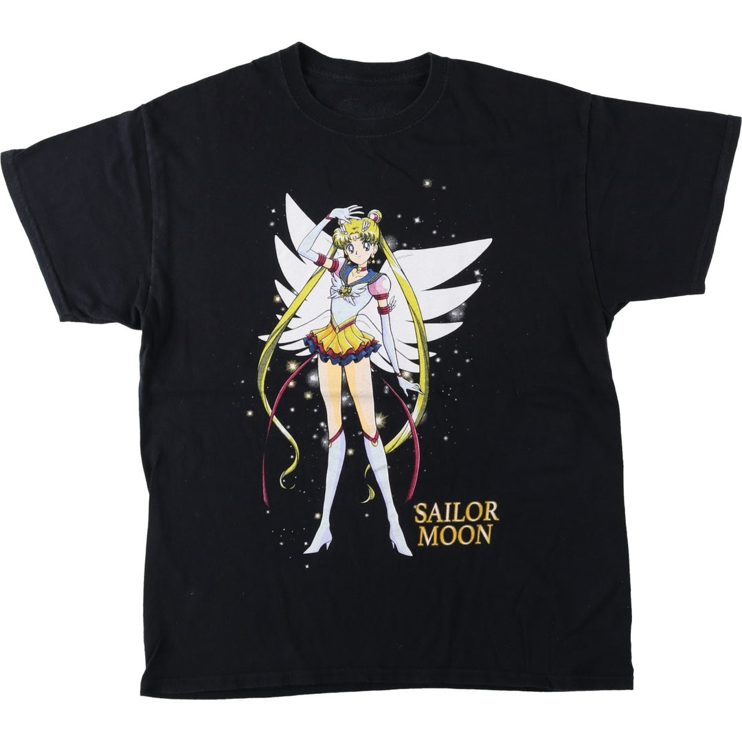 Sailor Moon anime character print T-shirt, men's size L (approx.) cotton black type Vintage Second Hand