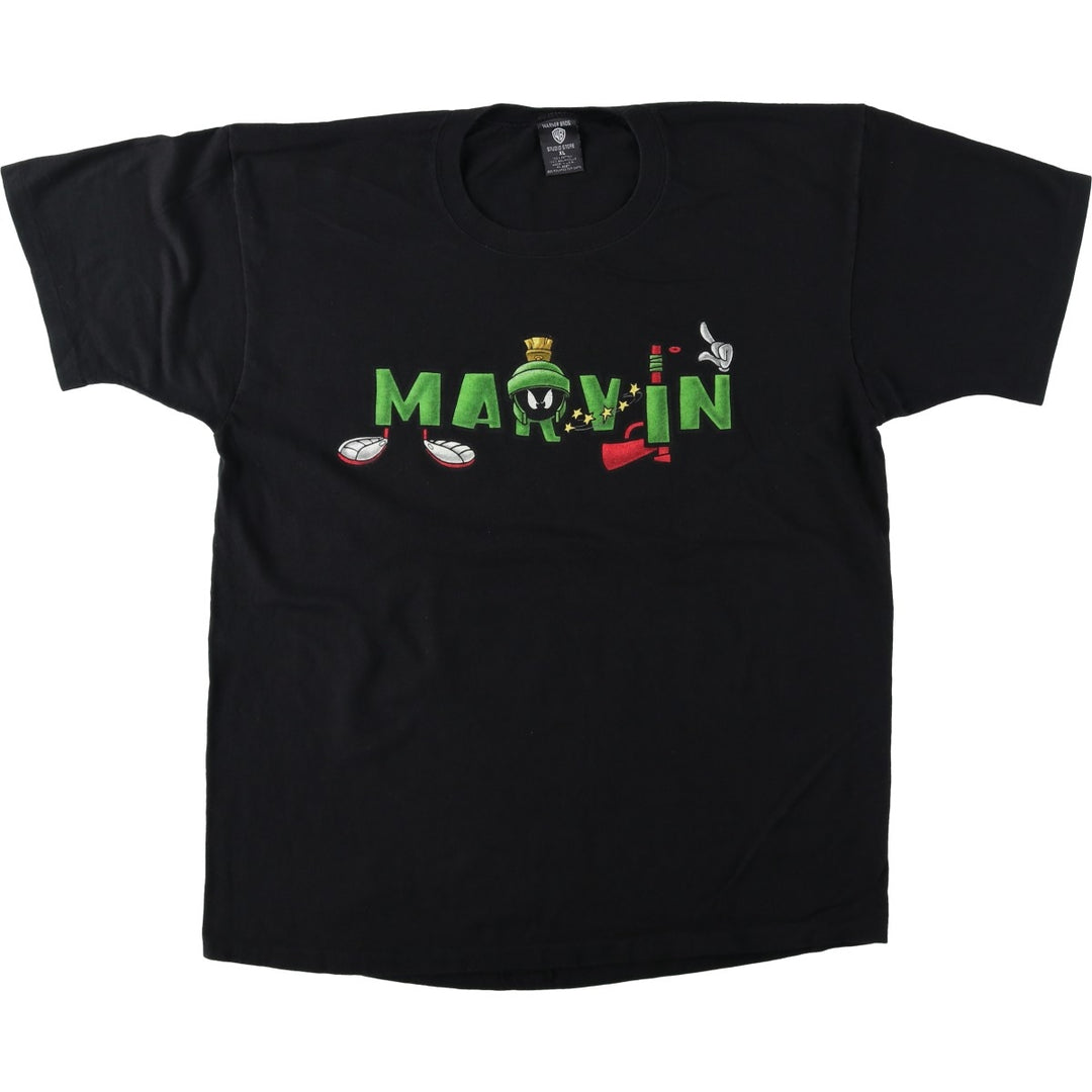Warner Bros Studio Store Looney Tunes Marvin the Martian Character Print T-Shirt, Made in USA, Men's XL (approx.) cotton black type Vintage Second Hand
