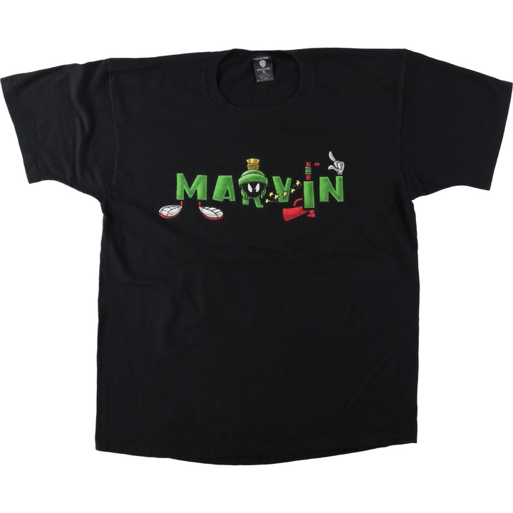 Warner Bros Studio Store Looney Tunes Marvin the Martian Character Print T-Shirt, Made in USA, Men's XL (approx.) cotton black type Vintage Second Hand