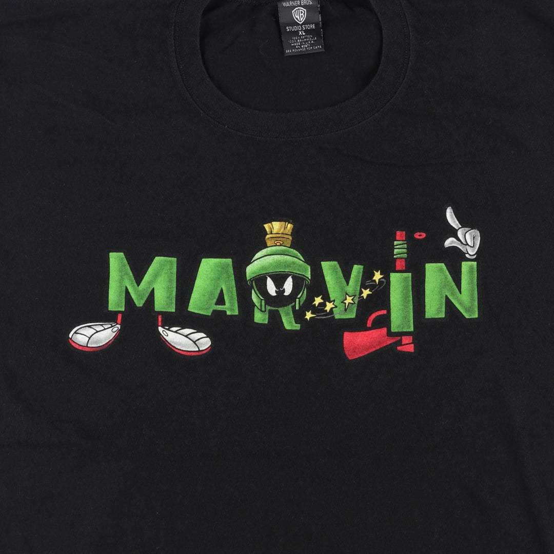 Warner Bros Studio Store Looney Tunes Marvin the Martian Character Print T-Shirt, Made in USA, Men's XL (approx.) cotton black type Vintage Second Hand