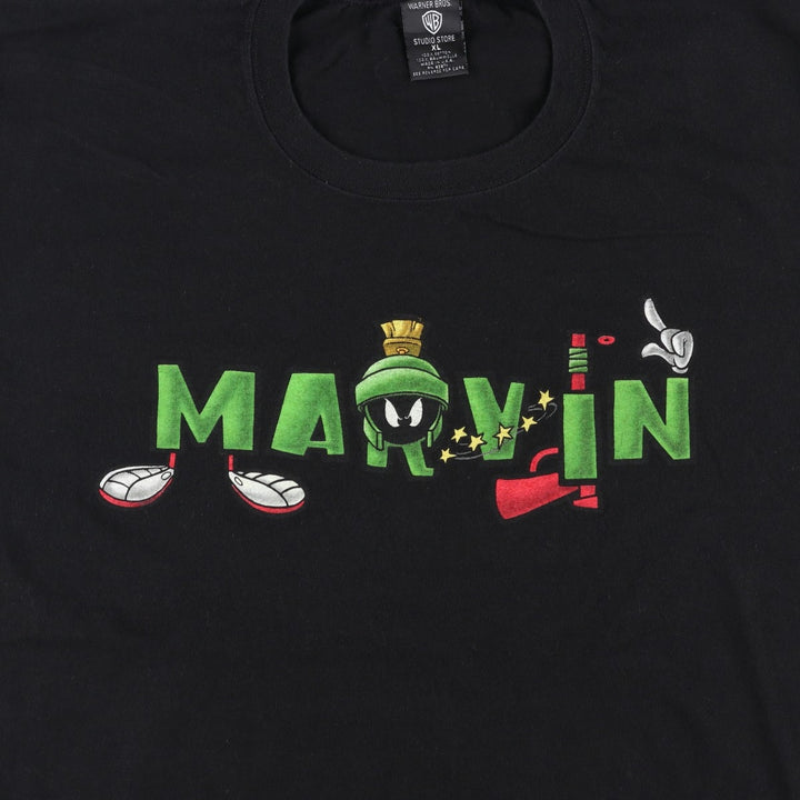 Warner Bros Studio Store Looney Tunes Marvin the Martian Character Print T-Shirt, Made in USA, Men's XL (approx.) cotton black type Vintage Second Hand
