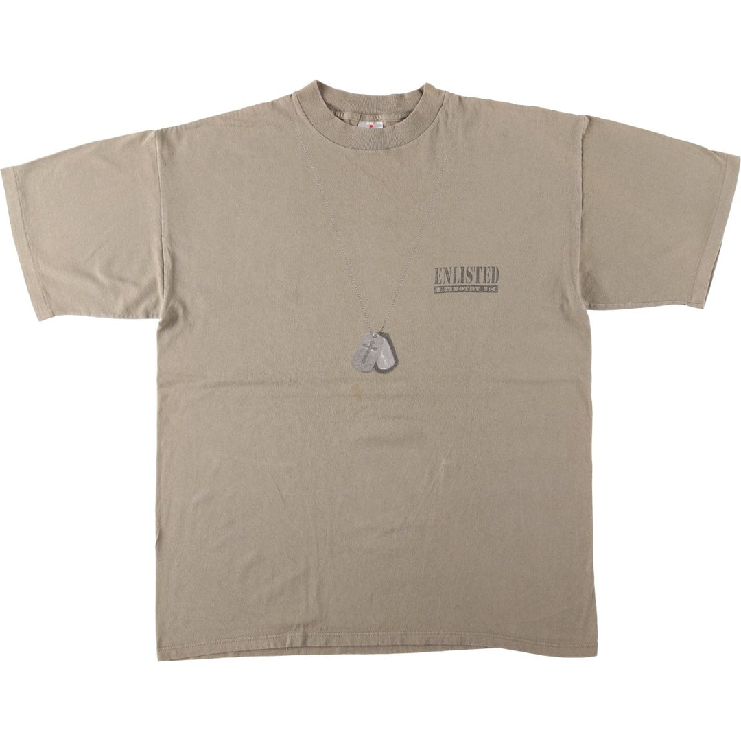 HLMILLER Printed Trompe-l'oeil T-Shirt, Made in USA, Men's XL (approx.) cotton Khaki type sage green Vintage Second Hand