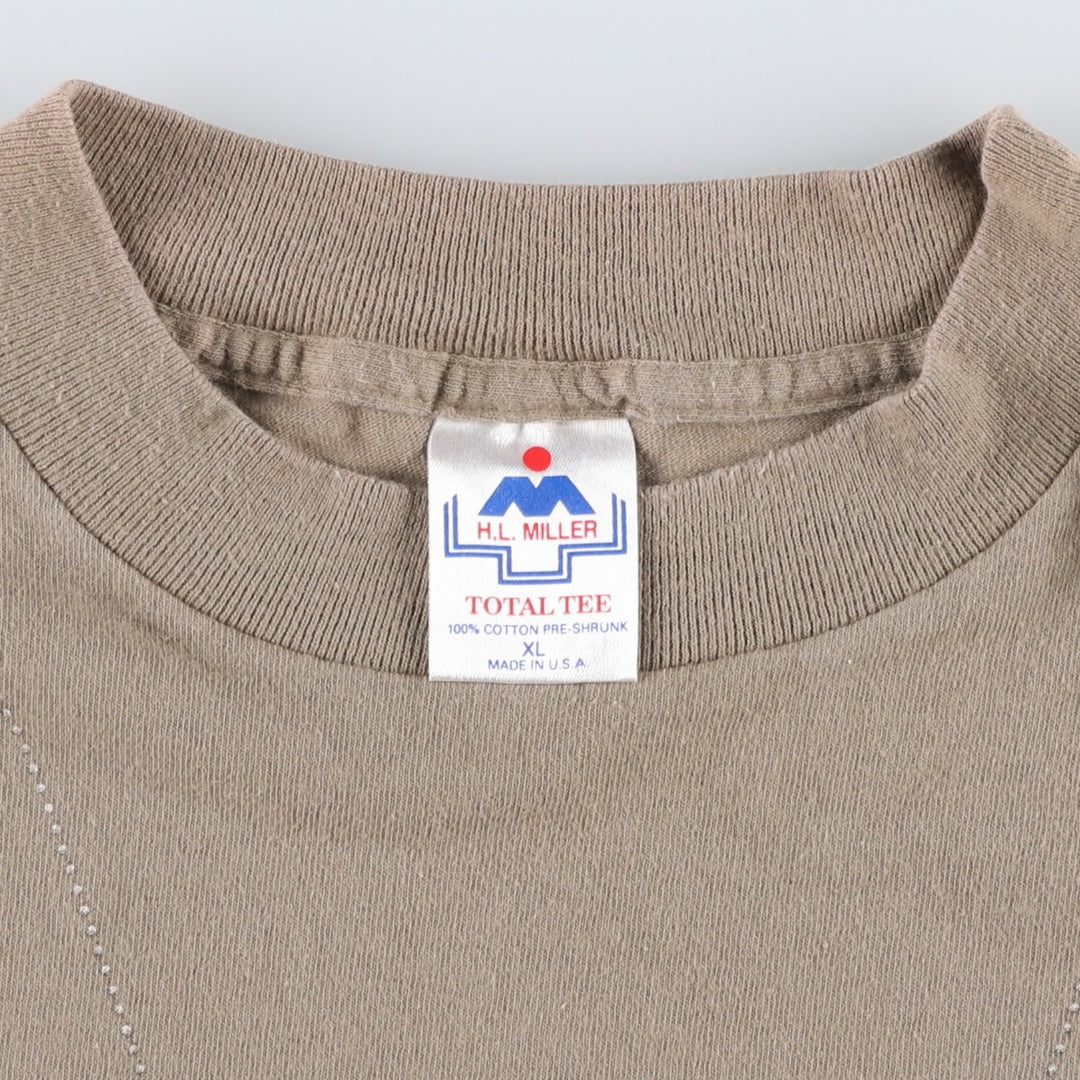 HLMILLER Printed Trompe-l'oeil T-Shirt, Made in USA, Men's XL (approx.) cotton Khaki type sage green Vintage Second Hand