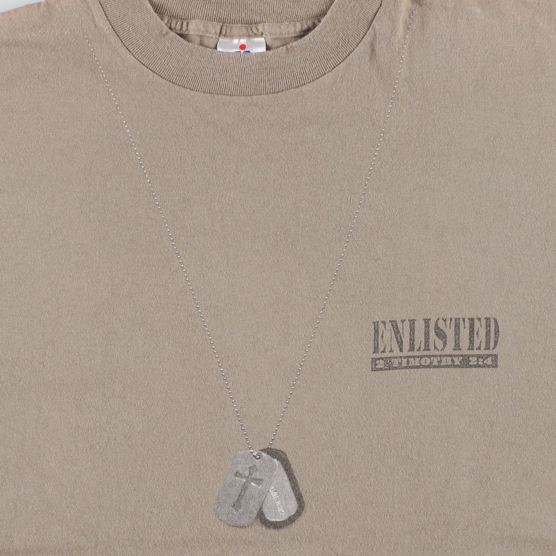 HLMILLER Printed Trompe-l'oeil T-Shirt, Made in USA, Men's XL (approx.) cotton Khaki type sage green Vintage Second Hand