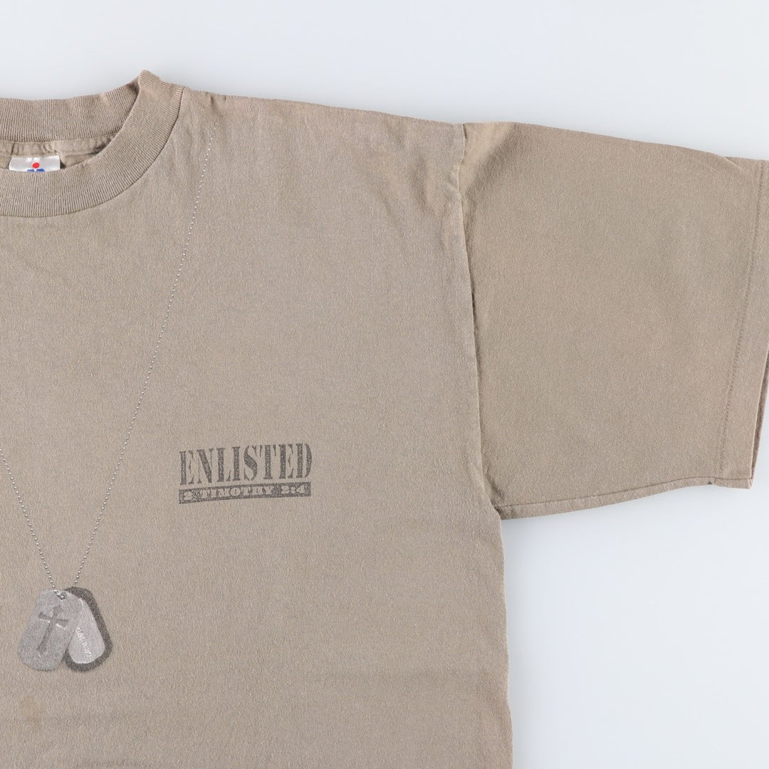 HLMILLER Printed Trompe-l'oeil T-Shirt, Made in USA, Men's XL (approx.) cotton Khaki type sage green Vintage Second Hand