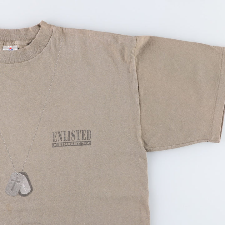 HLMILLER Printed Trompe-l'oeil T-Shirt, Made in USA, Men's XL (approx.) cotton Khaki type sage green Vintage Second Hand