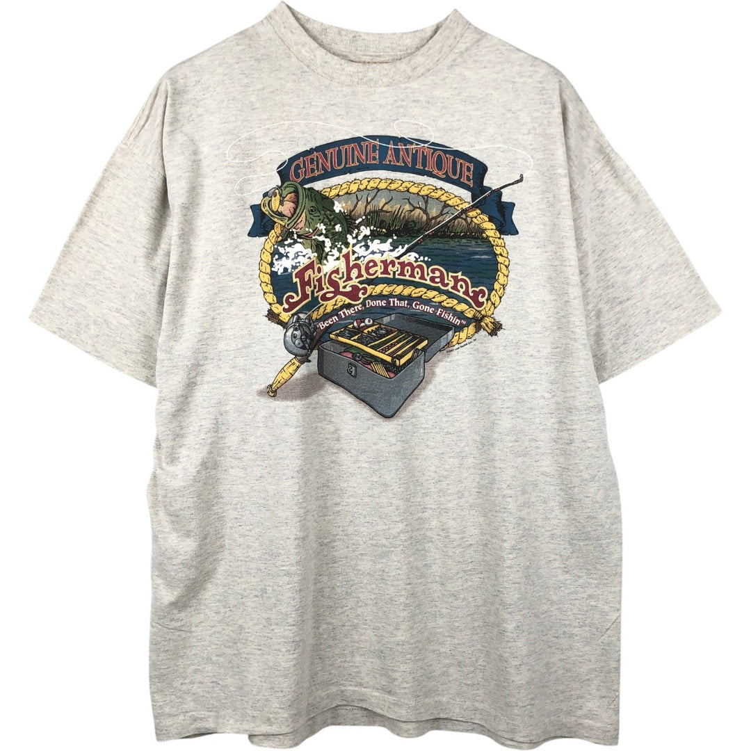 90'S PK Clothing Co. Fish Print T-Shirt, Made in USA, Men's XL equivalent, Vintage cotton gray type Vintage Second Hand