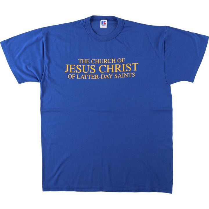 Russell Jesus Christ Print T-Shirt, Made in USA, Men's Size L cotton blue type Vintage Second Hand