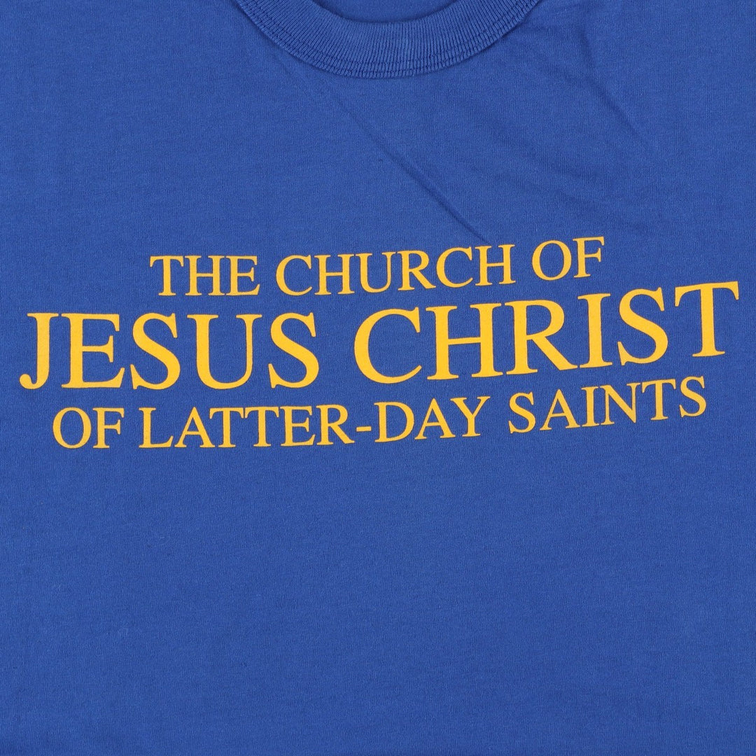 Russell Jesus Christ Print T-Shirt, Made in USA, Men's Size L cotton blue type Vintage Second Hand