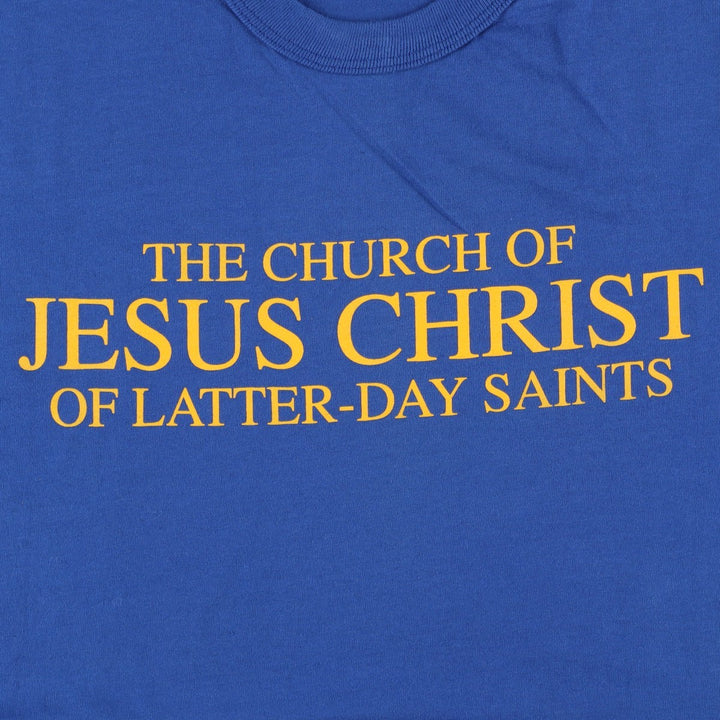Russell Jesus Christ Print T-Shirt, Made in USA, Men's Size L cotton blue type Vintage Second Hand