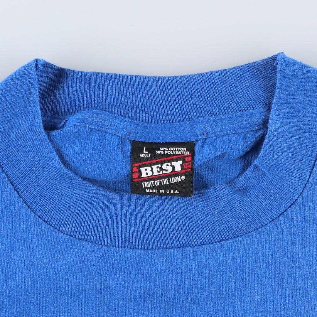 90'S Fruit of the Loom Best Printed T-shirt, Made in USA, Men's L size, Vintage cotton blue type Vintage Second Hand