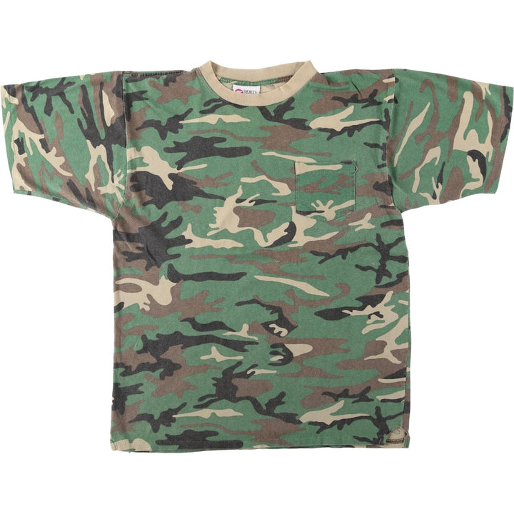 SPORTS AFIELD Woodland Camo Pocket T-Shirt, Made in USA, Men's Size L (Equivalent), Vintage cotton Khaki type sage green Vintage Second Hand