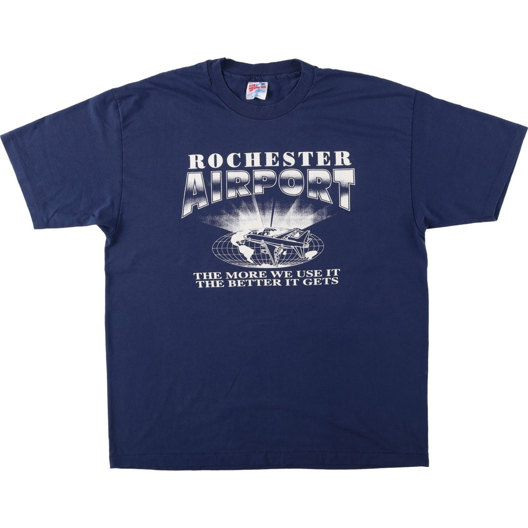 90'S Hanes ROCHESTER AIRPORT Print T-Shirt, Made in USA, Men's XL equivalent, Vintage cotton navy blue type Vintage Second Hand