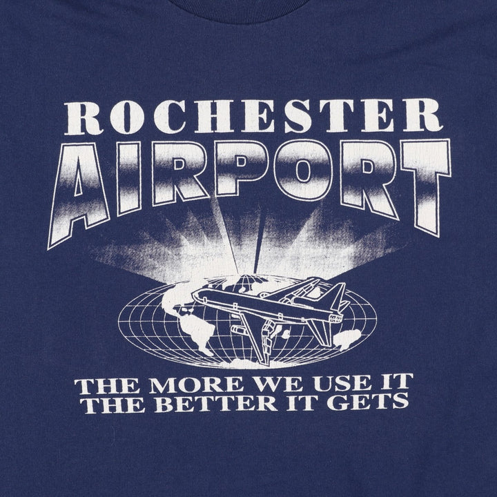 90'S Hanes ROCHESTER AIRPORT Print T-Shirt, Made in USA, Men's XL equivalent, Vintage cotton navy blue type Vintage Second Hand
