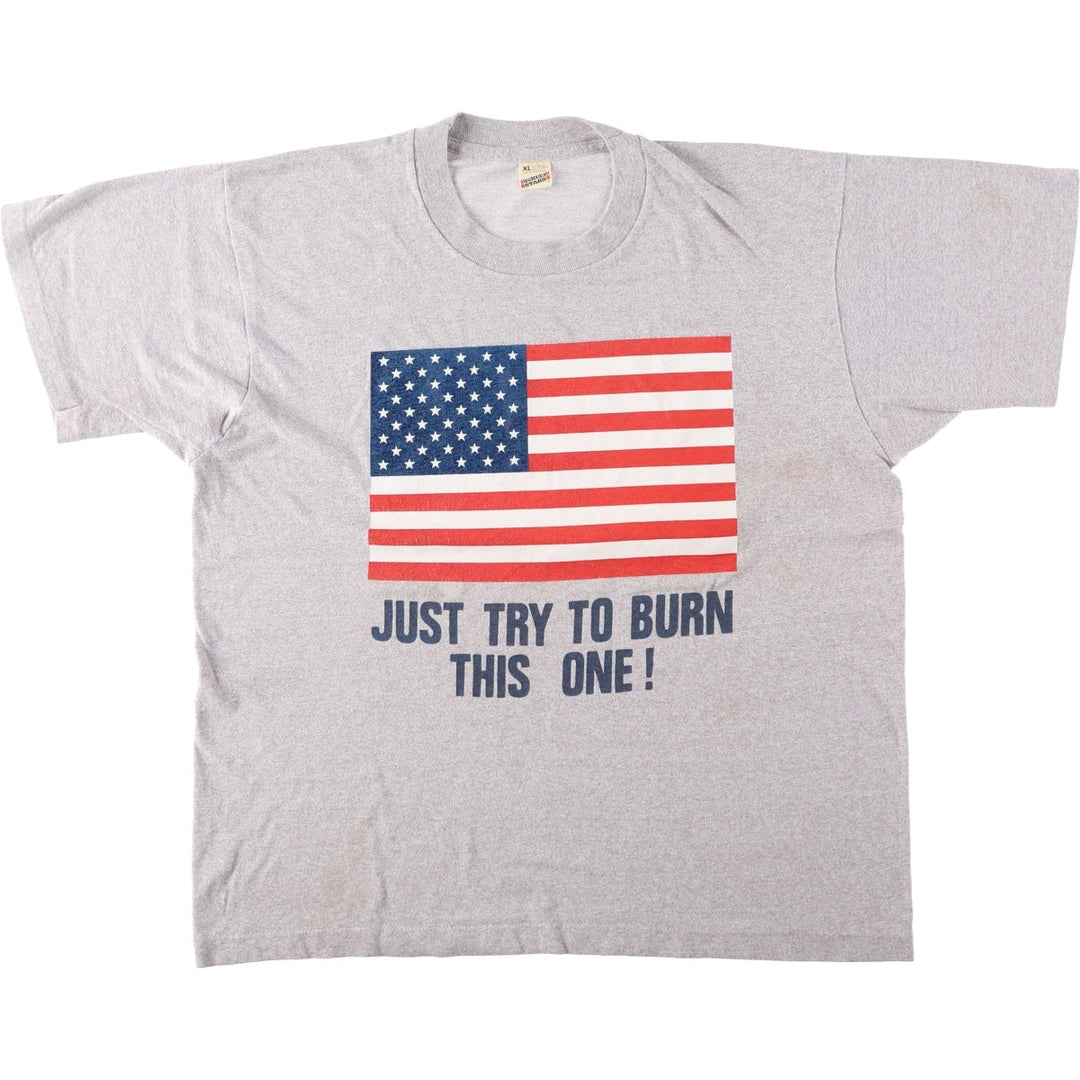 80s-90'S Screen Stars "JUST TRY TO BURN THIS ONE!" American flag print T-shirt, Made in USA, Men's XL equivalent, Vintage cotton gray type Vintage Second Hand