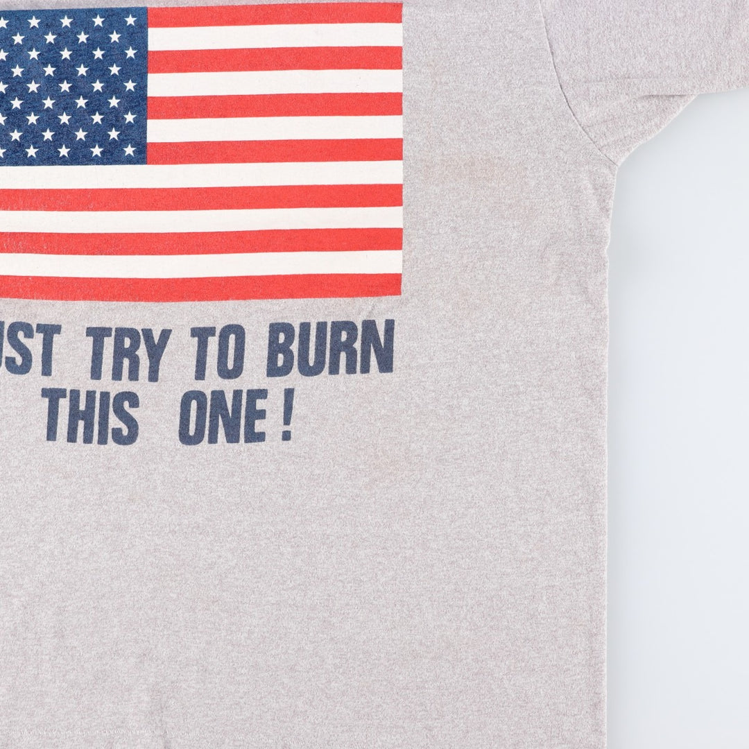 80s-90'S Screen Stars "JUST TRY TO BURN THIS ONE!" American flag print T-shirt, Made in USA, Men's XL equivalent, Vintage cotton gray type Vintage Second Hand
