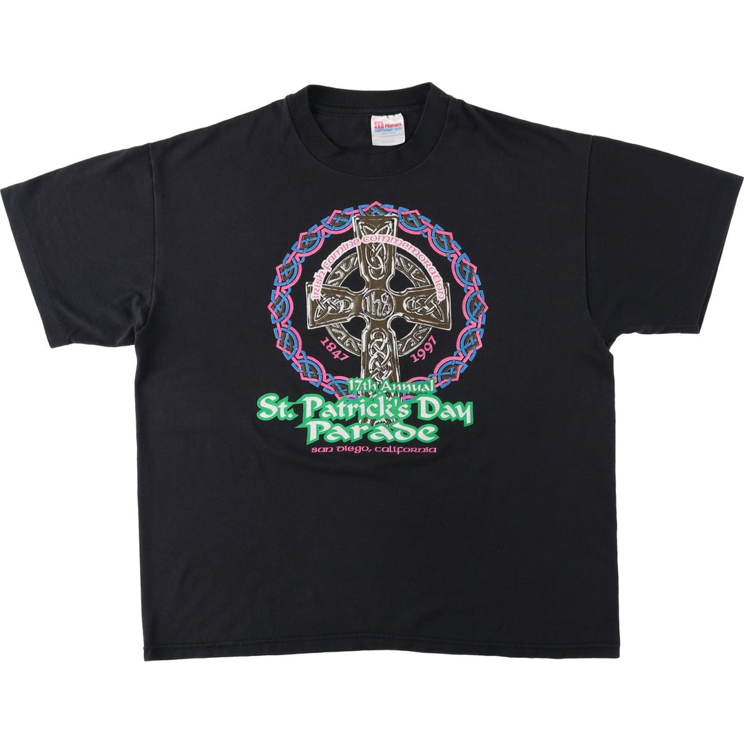 90'S Hanes St. Patrick's Day Parade Print T-Shirt, Made in USA, Men's Size L (approx.), Vintage cotton black type Vintage Second Hand