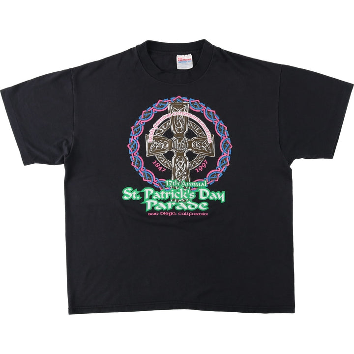 90'S Hanes St. Patrick's Day Parade Print T-Shirt, Made in USA, Men's Size L (approx.), Vintage cotton black type Vintage Second Hand