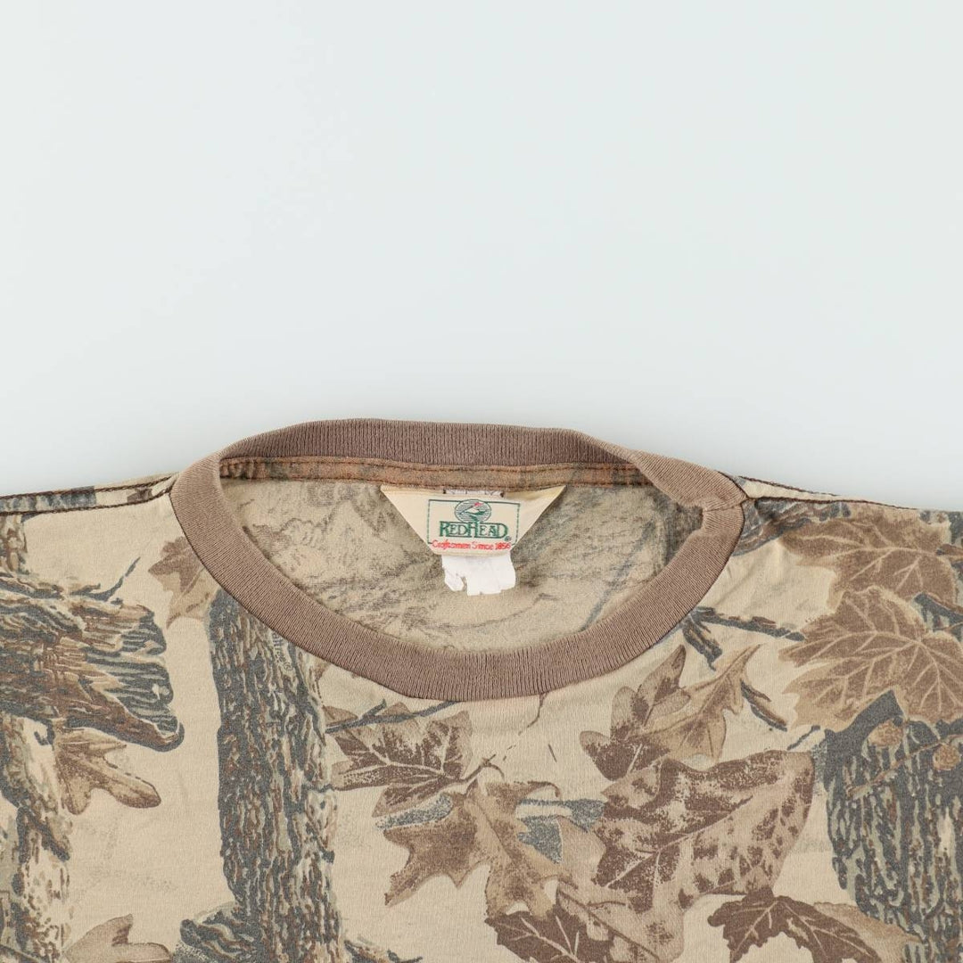 90'S Red Head Real Tree Camo Pocket T-Shirt, Made in USA, Men's XL equivalent, Vintage polyester Beige type Vintage Second Hand
