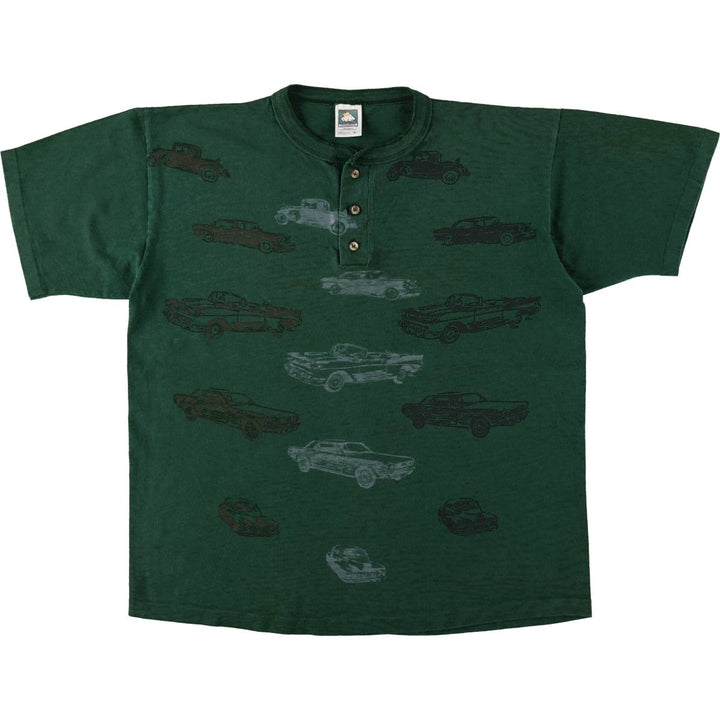 90'S Cotton Deluxe all-over car print Henley neck t-shirt, made in USA, men's size L equivalent, vintage. cotton Green type dark green Vintage Second Hand