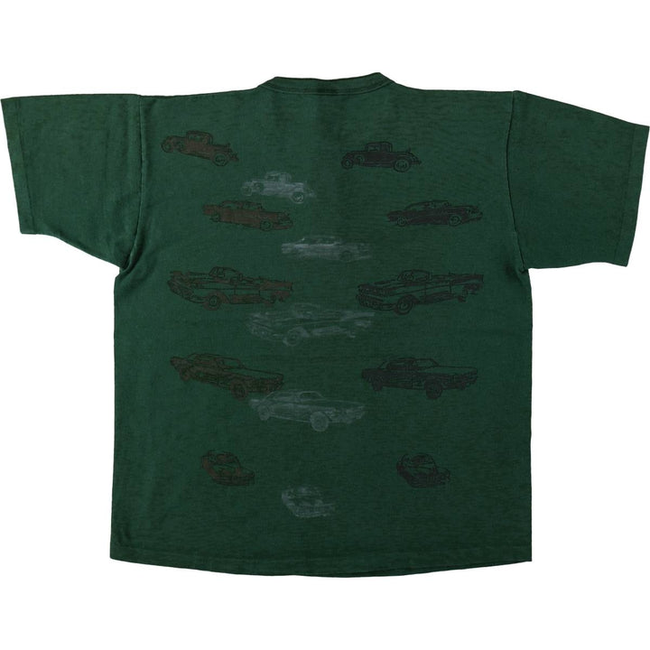90'S Cotton Deluxe all-over car print Henley neck t-shirt, made in USA, men's size L equivalent, vintage. cotton Green type dark green Vintage Second Hand