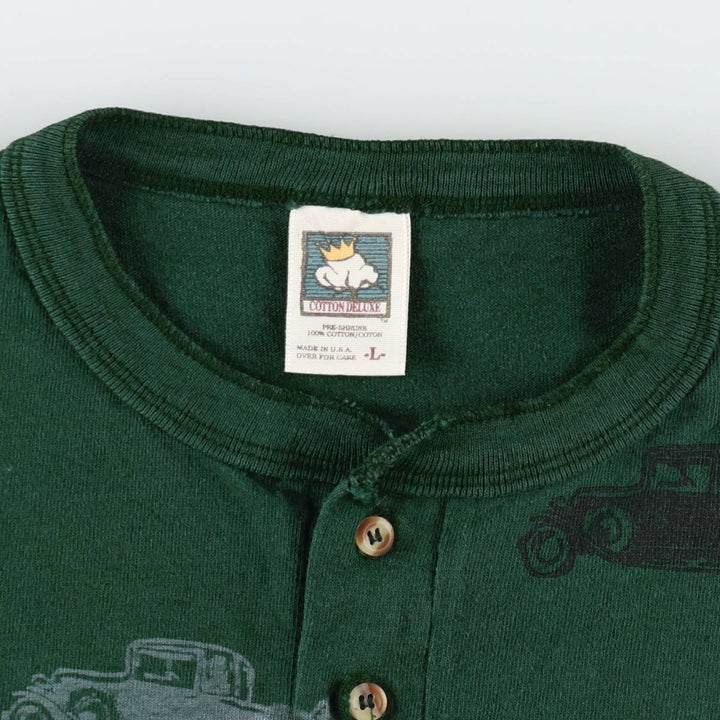 90'S Cotton Deluxe all-over car print Henley neck t-shirt, made in USA, men's size L equivalent, vintage. cotton Green type dark green Vintage Second Hand