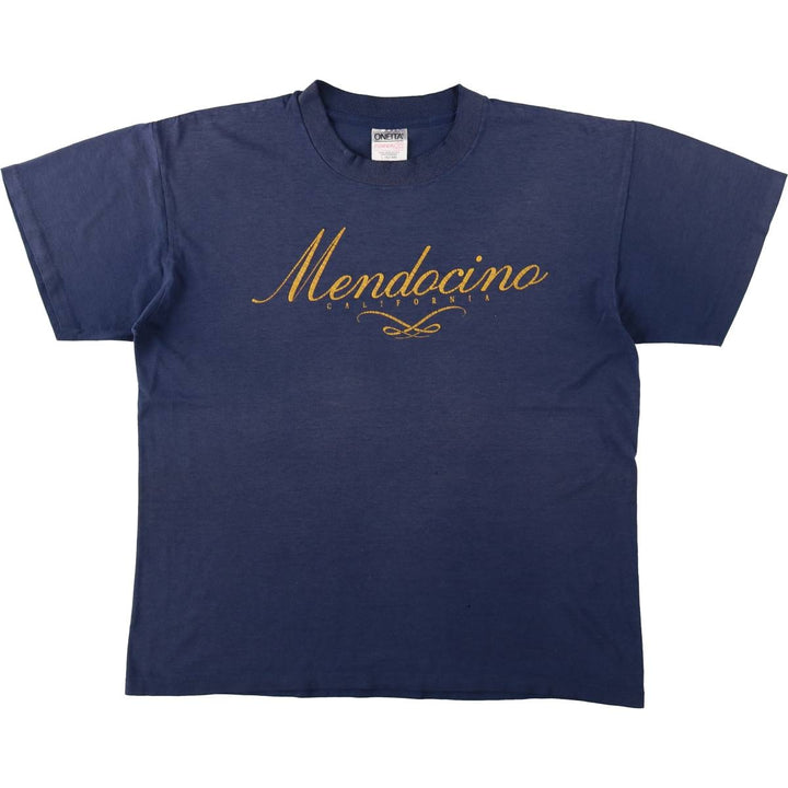 90'S ONEITA Printed T-shirt, Men's L size, Vintage cotton navy blue type Vintage Second Hand