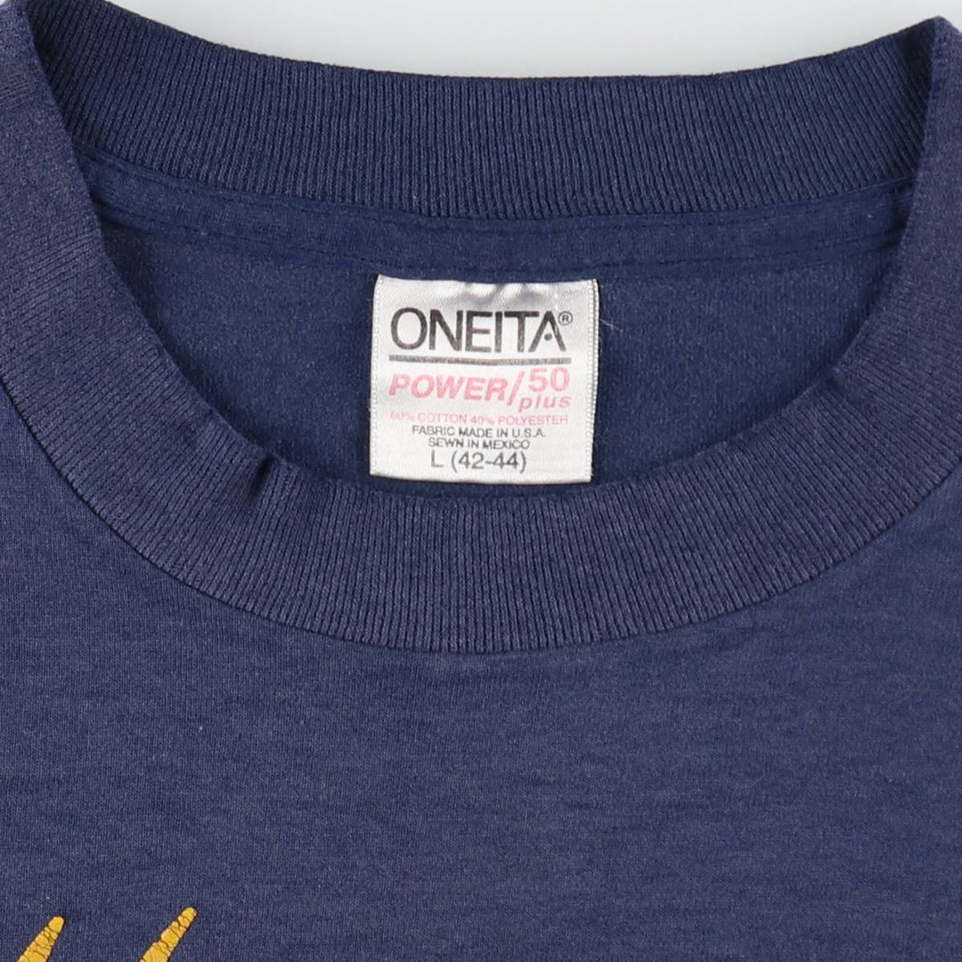 90'S ONEITA Printed T-shirt, Men's L size, Vintage cotton navy blue type Vintage Second Hand