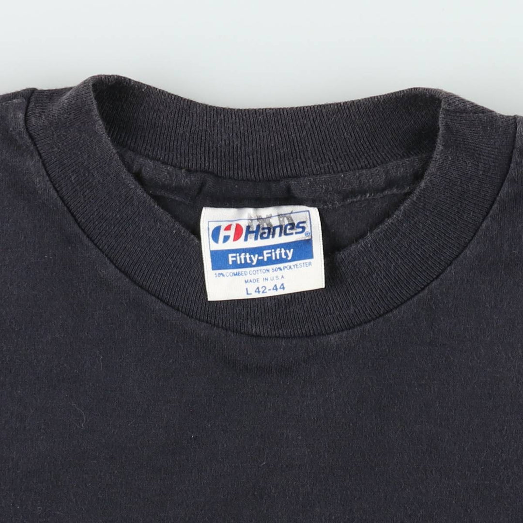 80'S Hanes Fifty-Fifty Blue Tag Printed T-Shirt Made in USA Men's L Size Vintage cotton black type Vintage Second Hand