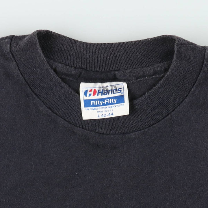 80'S Hanes Fifty-Fifty Blue Tag Printed T-Shirt Made in USA Men's L Size Vintage cotton black type Vintage Second Hand