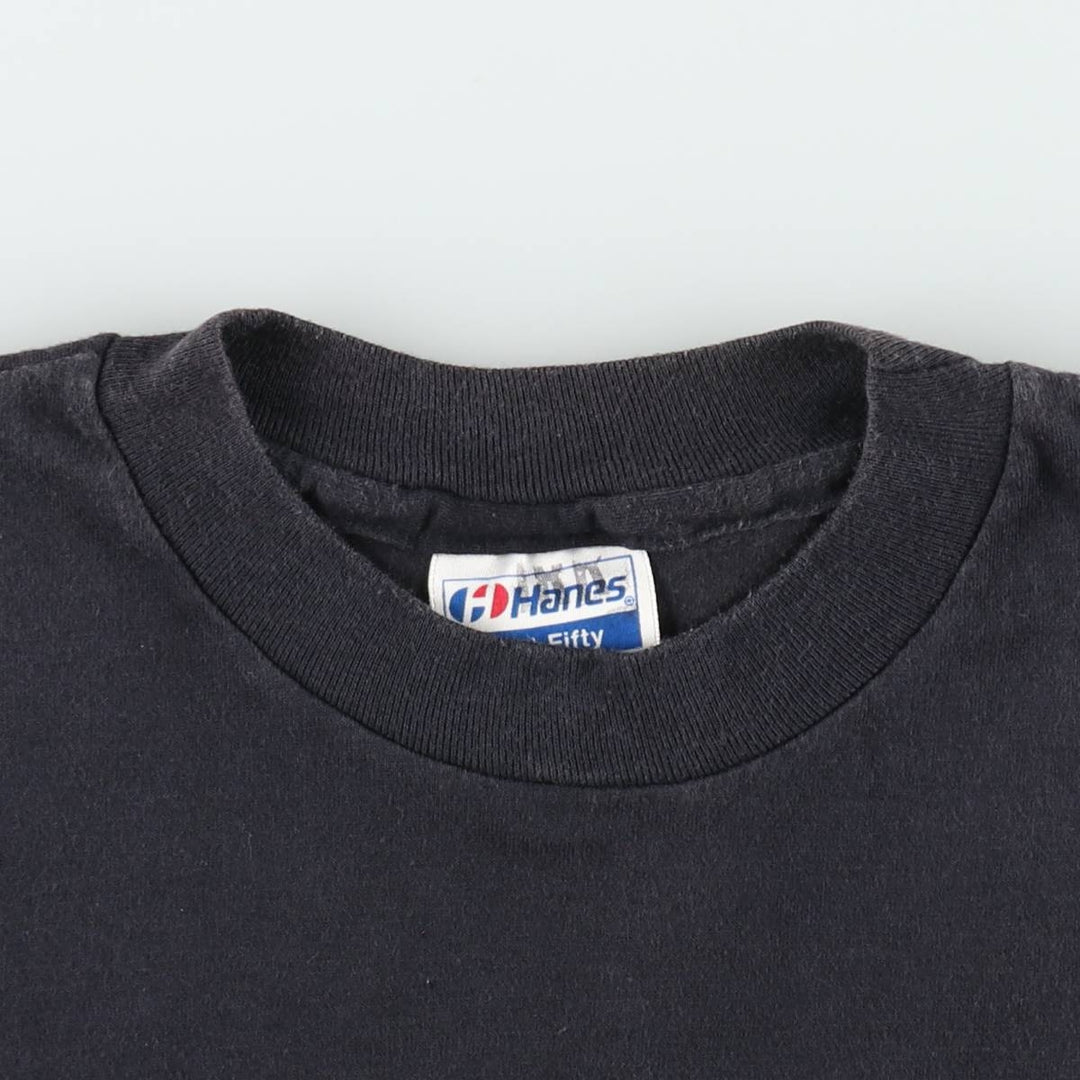 80'S Hanes Fifty-Fifty Blue Tag Printed T-Shirt Made in USA Men's L Size Vintage cotton black type Vintage Second Hand