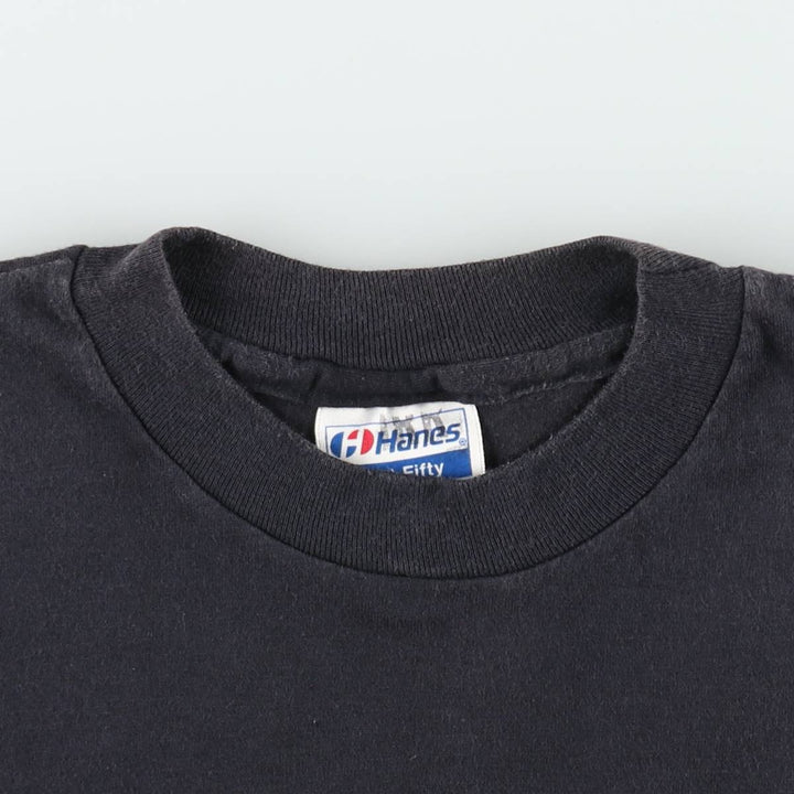 80'S Hanes Fifty-Fifty Blue Tag Printed T-Shirt Made in USA Men's L Size Vintage cotton black type Vintage Second Hand