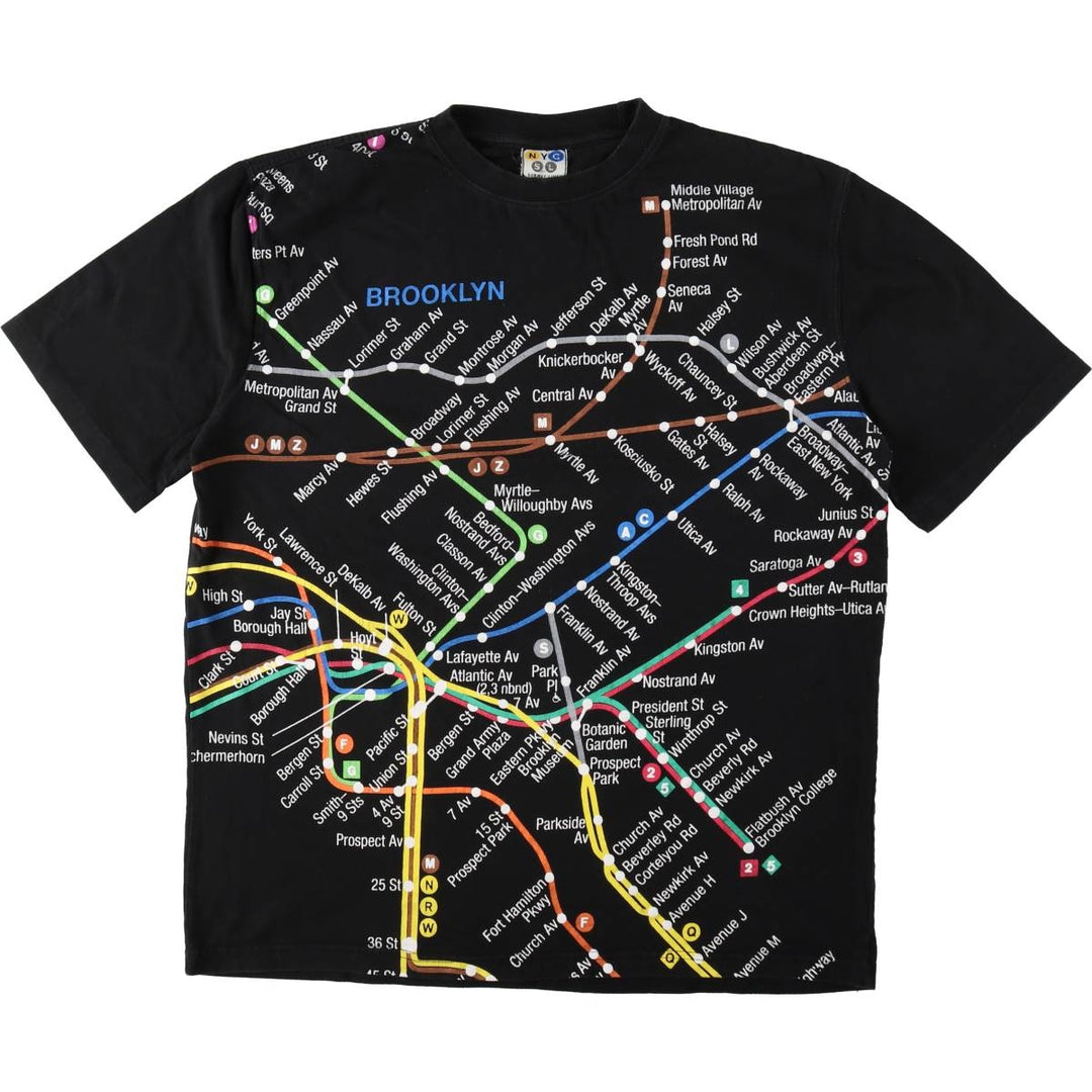 NYC SUBWAY LINE New York City Subway Large Print T-Shirt, Men's Size L (approx.) cotton black type Vintage Second Hand