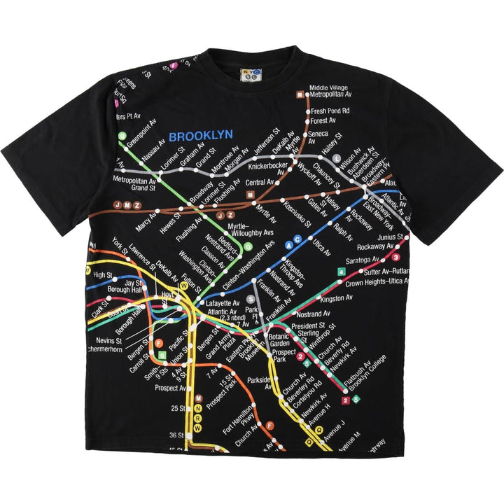 NYC SUBWAY LINE New York City Subway Large Print T-Shirt, Men's Size L (approx.) cotton black type Vintage Second Hand