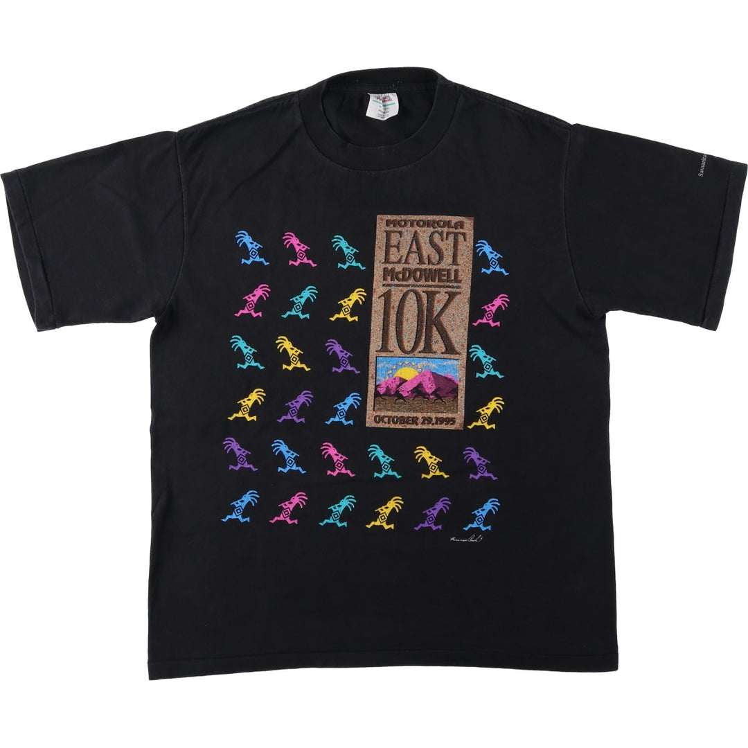 90'S Hazelwoods Motorola East McDowell 10K Print T-Shirt, Made in USA, Men's Size M (Equivalent), Vintage cotton black type Vintage Second Hand