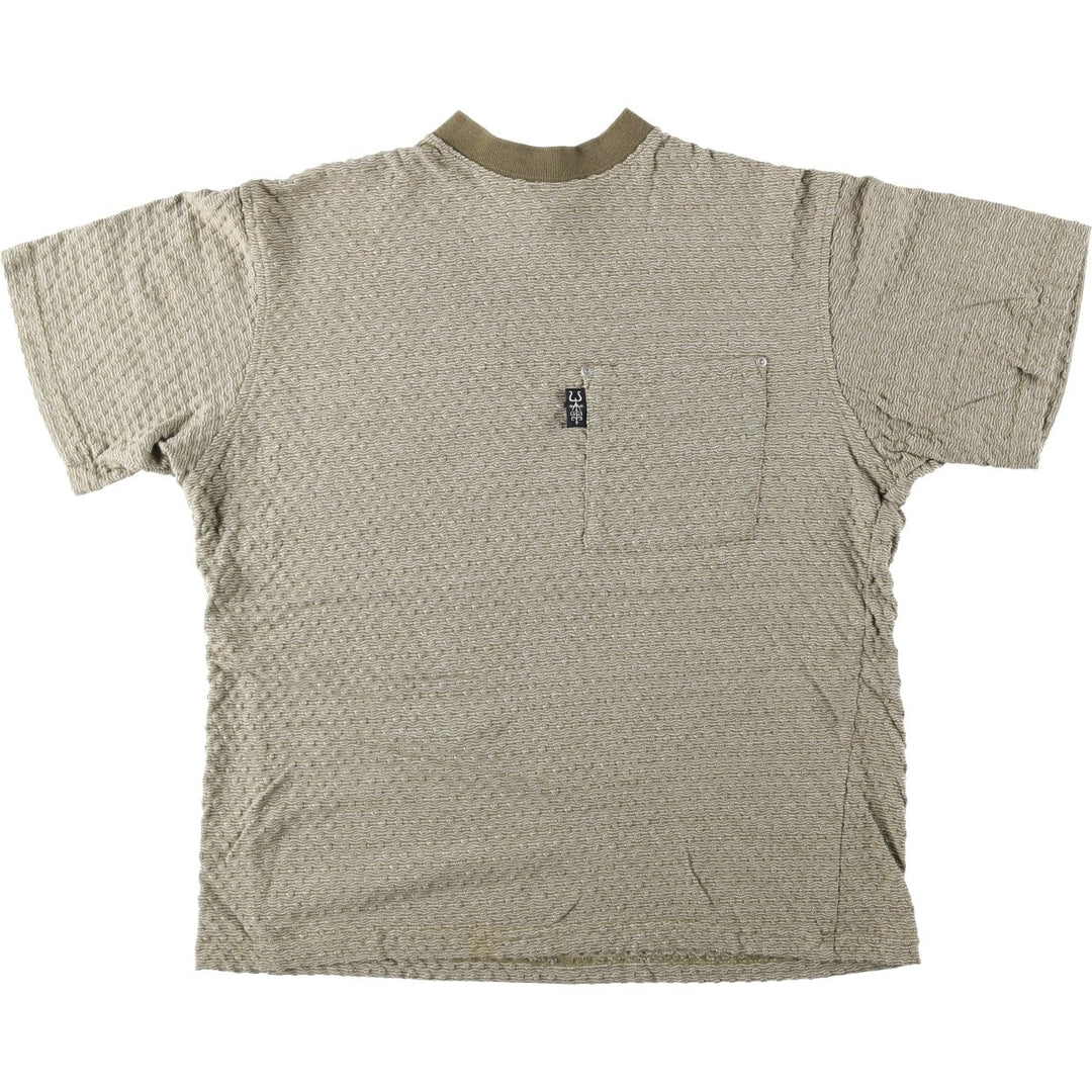 90'S YAGA all-over print mock neck pocket t-shirt, made in USA, men's size L equivalent, vintage. cotton Khaki type beige Vintage Second Hand