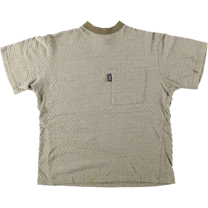 90'S YAGA all-over print mock neck pocket t-shirt, made in USA, men's size L equivalent, vintage. cotton Khaki type beige Vintage Second Hand