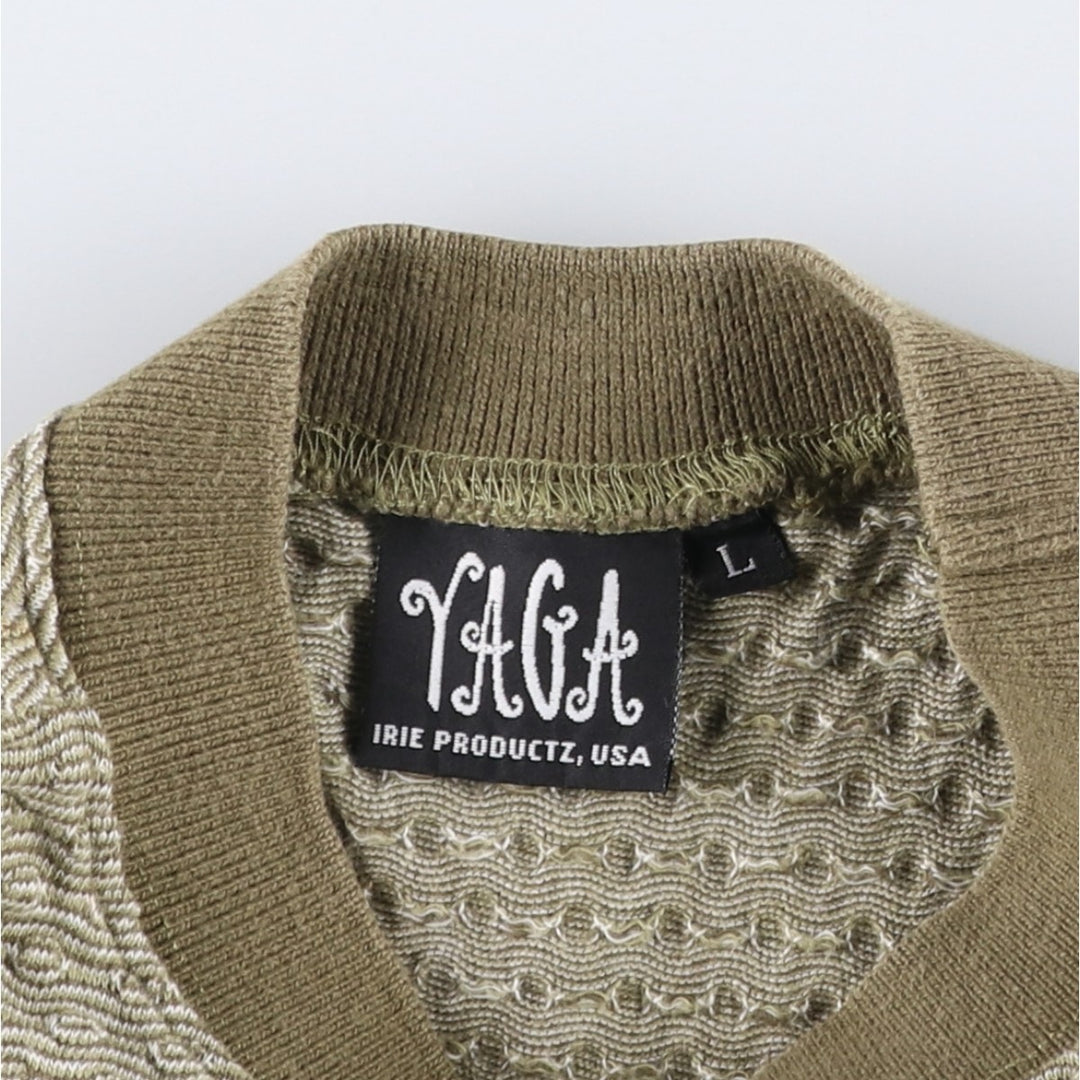 90'S YAGA all-over print mock neck pocket t-shirt, made in USA, men's size L equivalent, vintage. cotton Khaki type beige Vintage Second Hand
