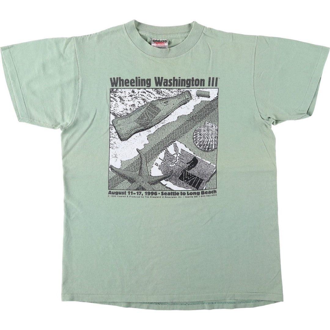 90'S ONEITA Wheeling Washington III Print T-Shirt, Made in USA, Men's Size M (Equivalent), Vintage cotton green type yellow green Vintage Second Hand
