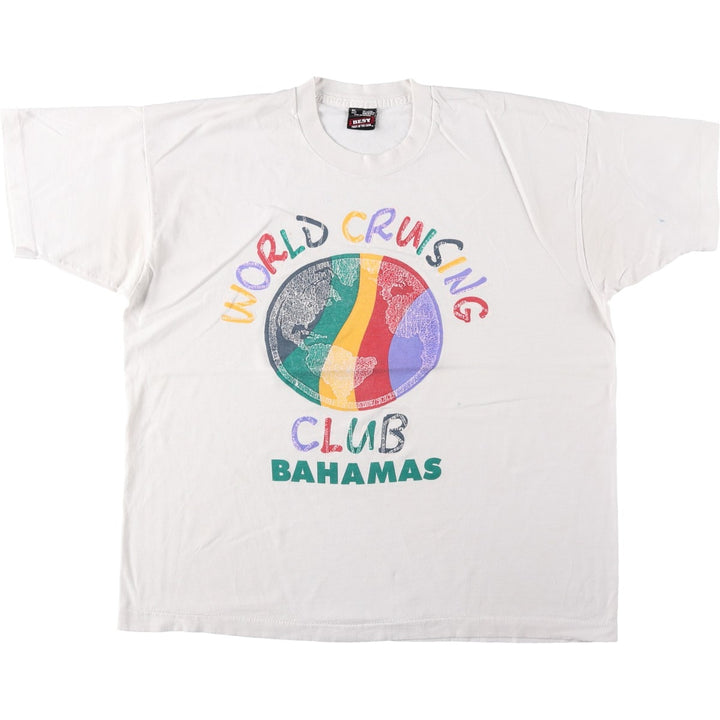 90'S Fruit of the Loom World Cruising Club Bahamas Print T-Shirt, Made in USA, Men's Size XL (approx.) cotton white type Vintage Second Hand