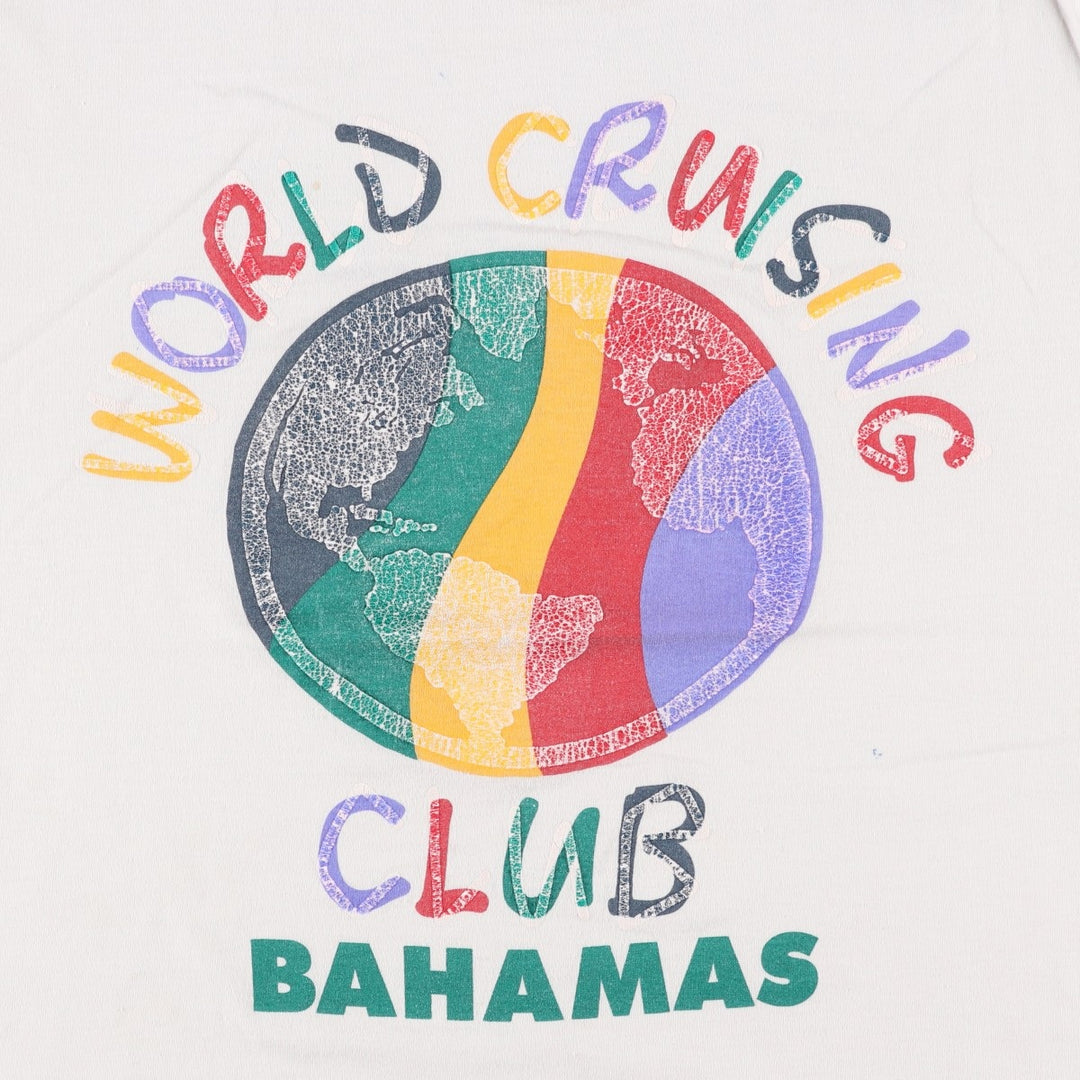 90'S Fruit of the Loom World Cruising Club Bahamas Print T-Shirt, Made in USA, Men's Size XL (approx.) cotton white type Vintage Second Hand