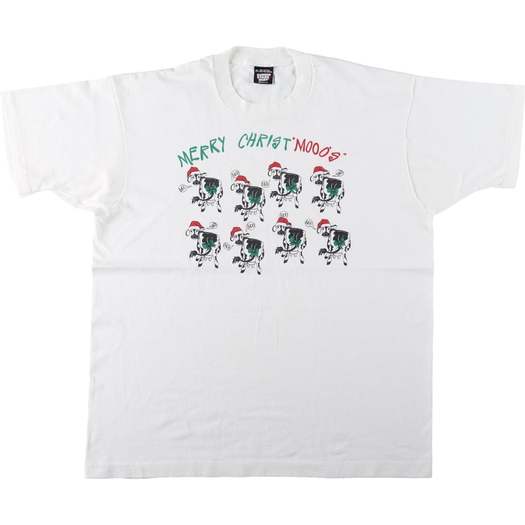 90'S Screen Stars Animal Pattern Christmas Pattern Print T-Shirt, Made in USA, Men's XL equivalent, Vintage cotton white type Vintage Second Hand
