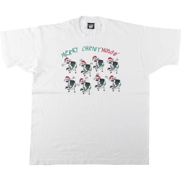 90'S Screen Stars Animal Pattern Christmas Pattern Print T-Shirt, Made in USA, Men's XL equivalent, Vintage cotton white type Vintage Second Hand