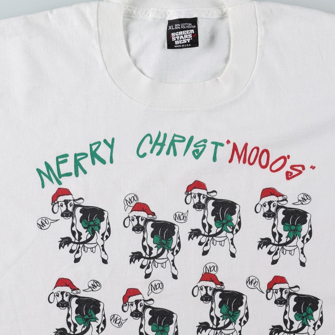90'S Screen Stars Animal Pattern Christmas Pattern Print T-Shirt, Made in USA, Men's XL equivalent, Vintage cotton white type Vintage Second Hand