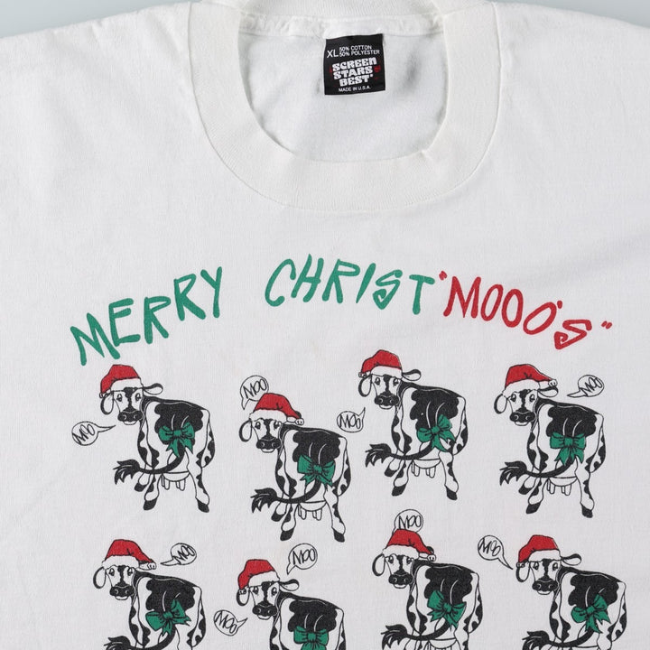 90'S Screen Stars Animal Pattern Christmas Pattern Print T-Shirt, Made in USA, Men's XL equivalent, Vintage cotton white type Vintage Second Hand