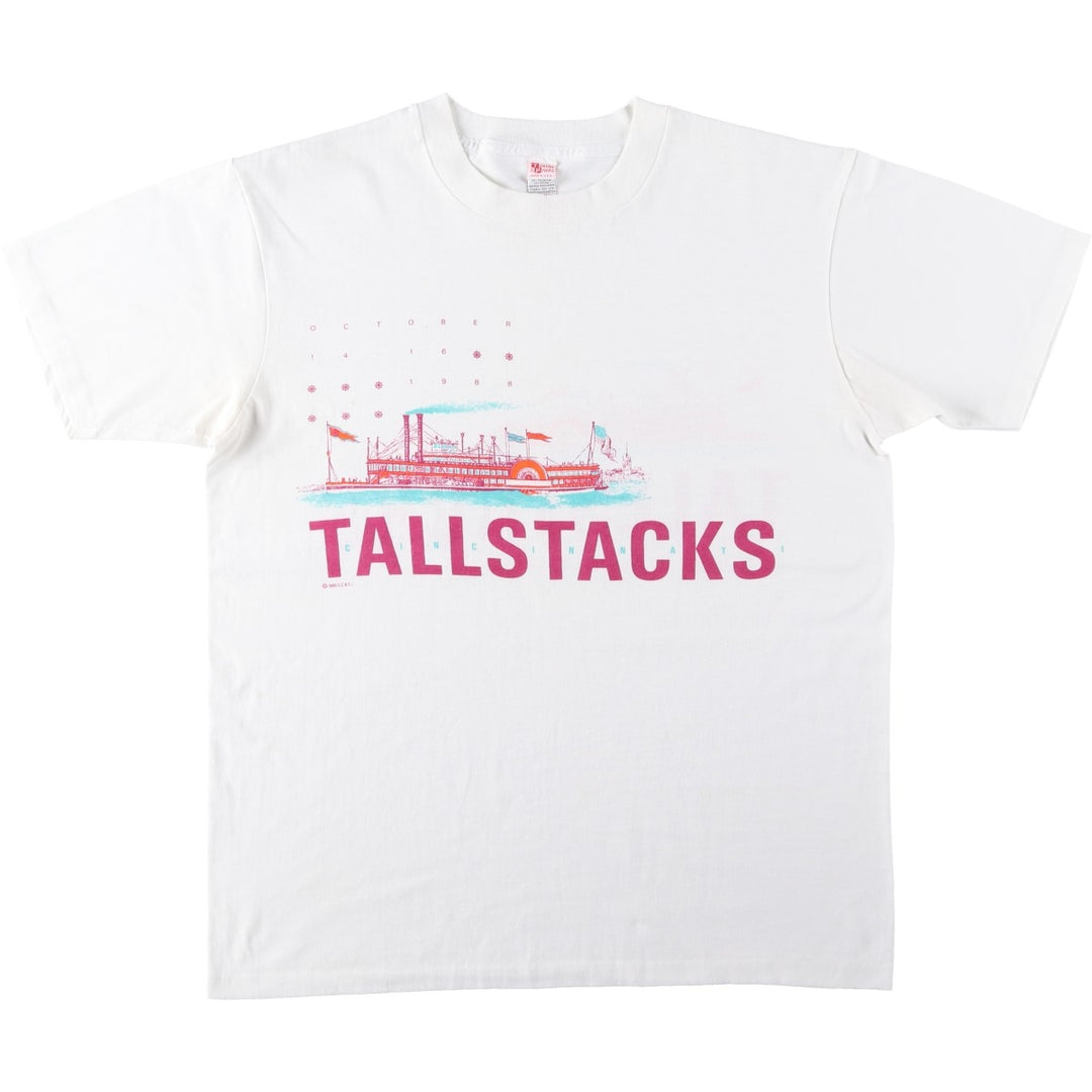 80'S Textile Prints Print T-Shirt, Made in USA, Men's XL equivalent, Double-sided print, Vintage cotton white type Vintage Second Hand