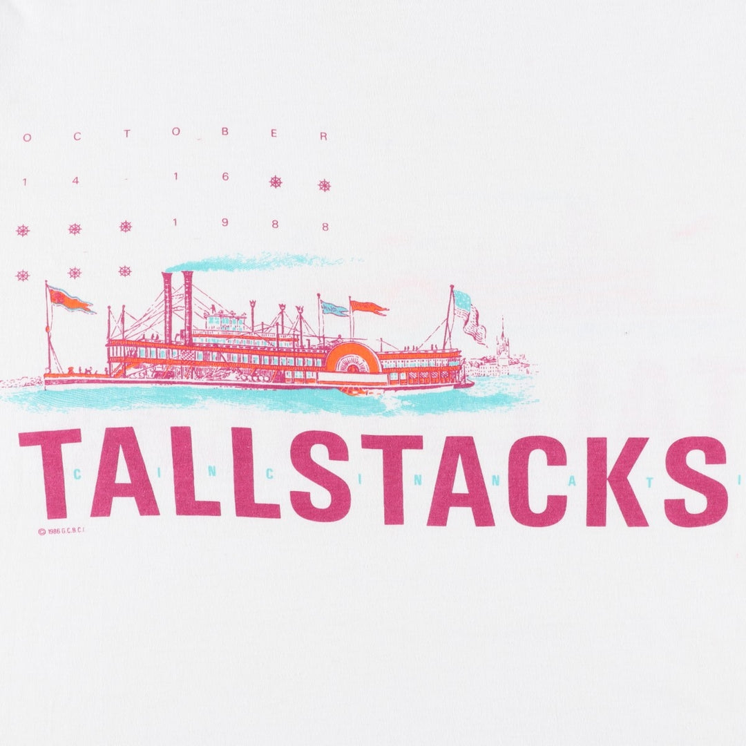 80'S Textile Prints Print T-Shirt, Made in USA, Men's XL equivalent, Double-sided print, Vintage cotton white type Vintage Second Hand