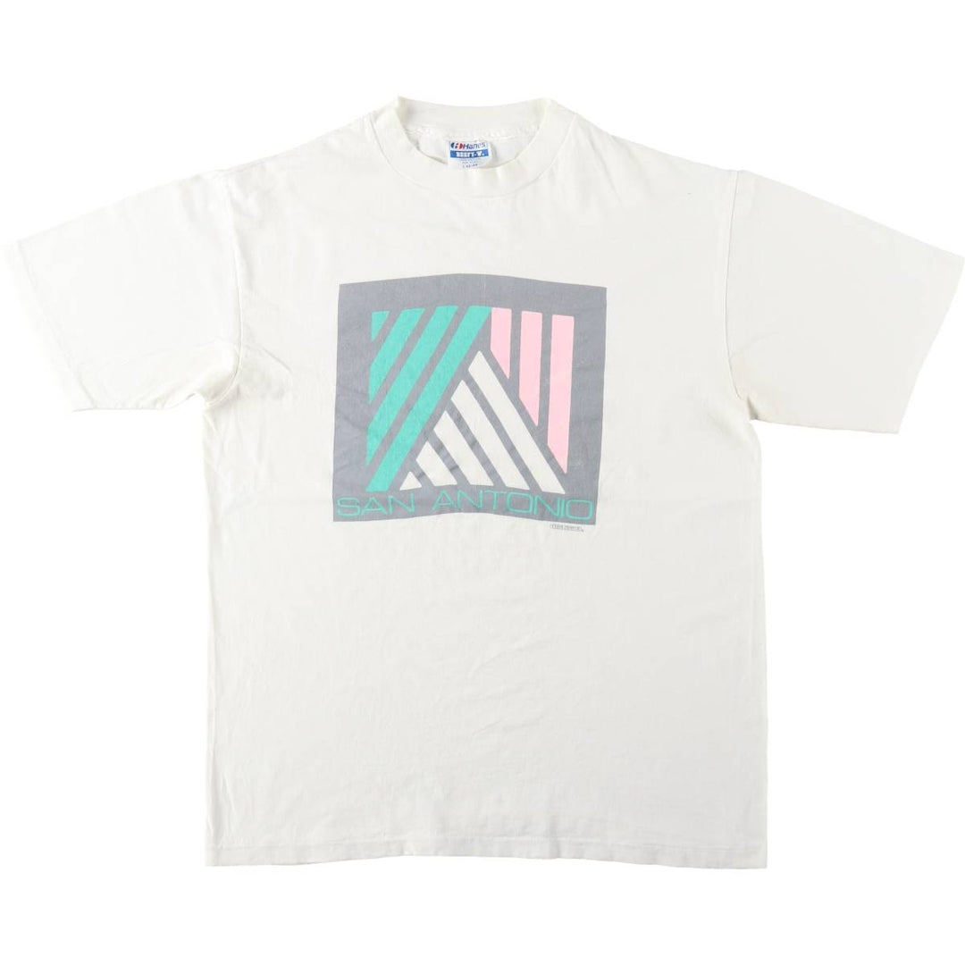 90'S Hanes BEEFY-T Printed T-shirt, Made in USA, Men's L size, Vintage cotton white type Vintage Second Hand