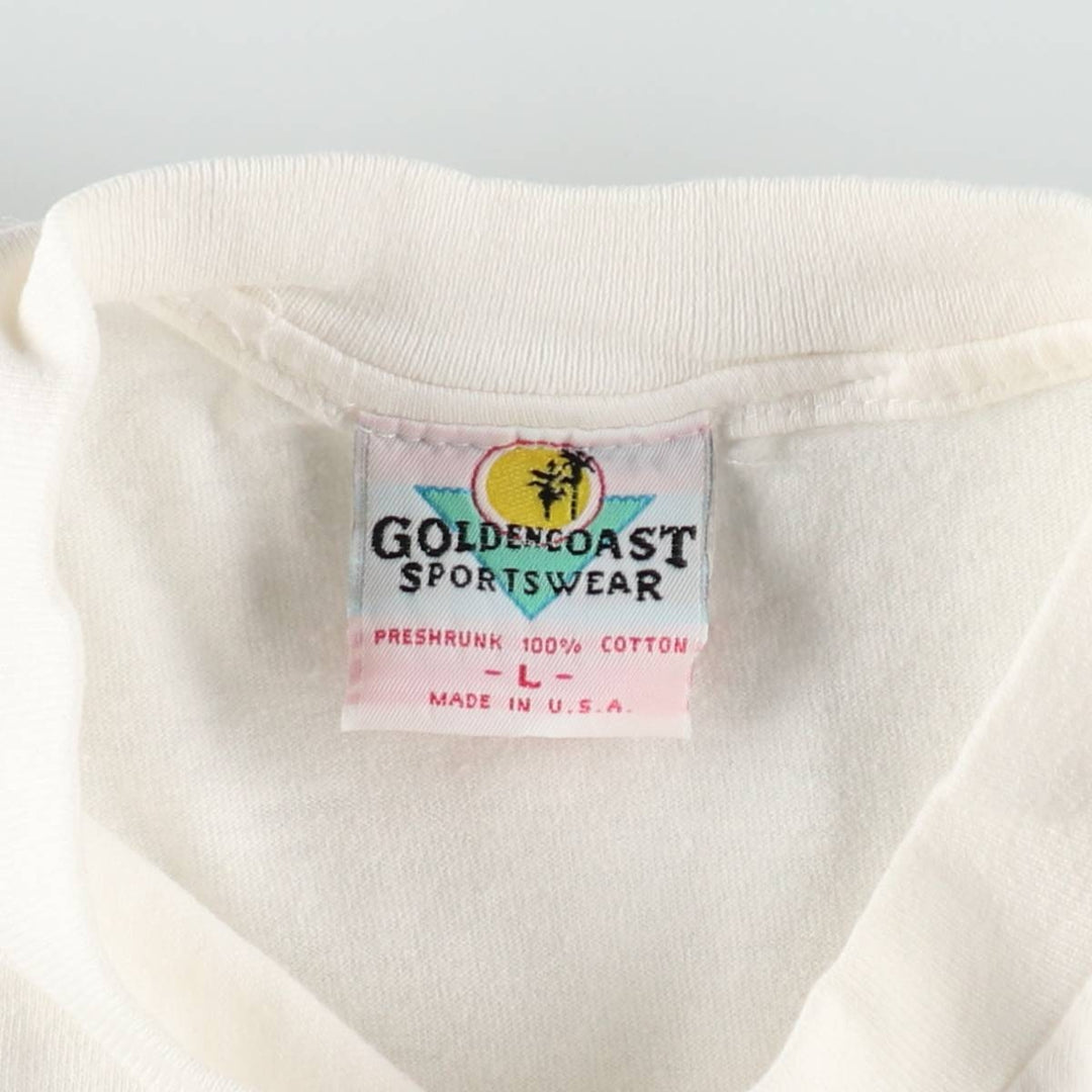 ~90'S GOLDEN COAST SPORTSWEAR Print T-Shirt, Made in USA, Men's Size L (Equivalent), Vintage cotton white type Vintage Second Hand