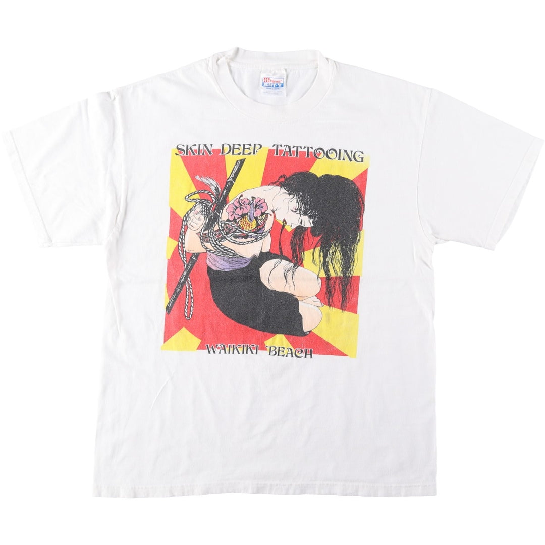 90s-00'S Hanes BEEFY-T SKIN DEEP TATTOOING Japanese Pattern Erotic T-shirt Advertising T-shirt Men's L equivalent cotton white type Vintage Second Hand
